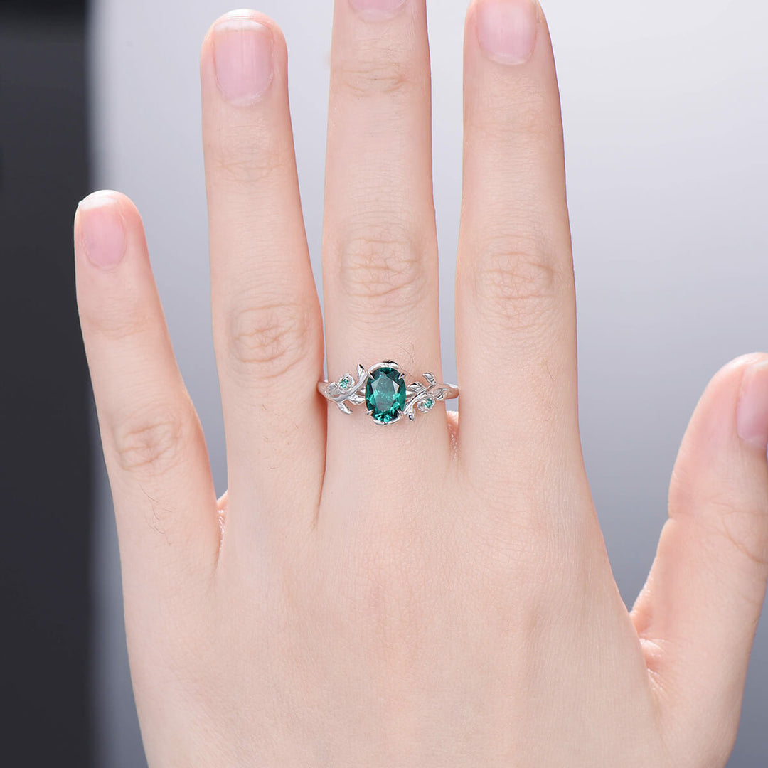 Nature inspired flower emerald engagement ring vintage floral branch emerald wedding ring unique twig leaves May birthstone anniversary ring - PENFINE
