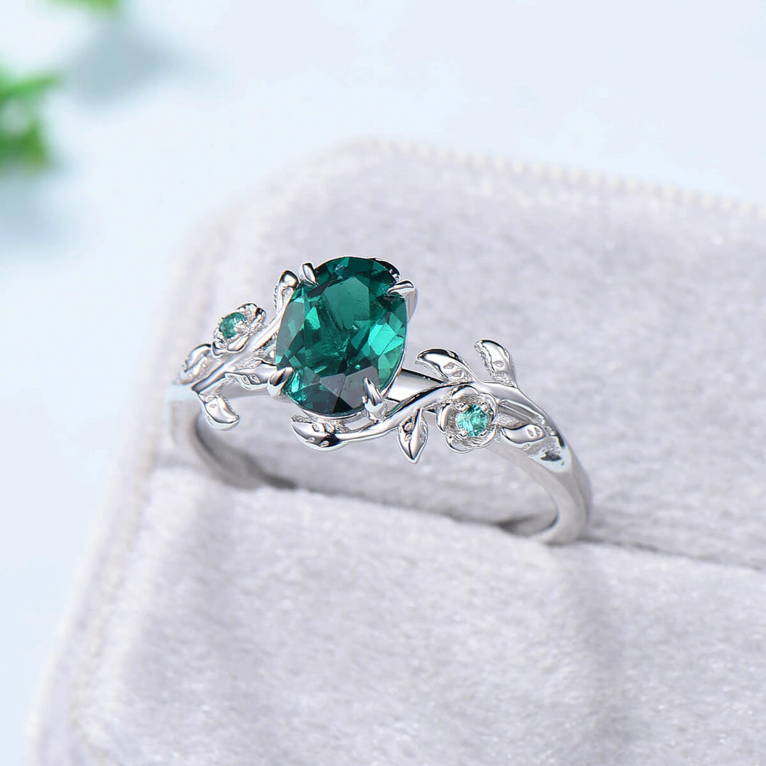 Nature inspired flower emerald engagement ring vintage floral branch emerald wedding ring unique twig leaves May birthstone anniversary ring - PENFINE
