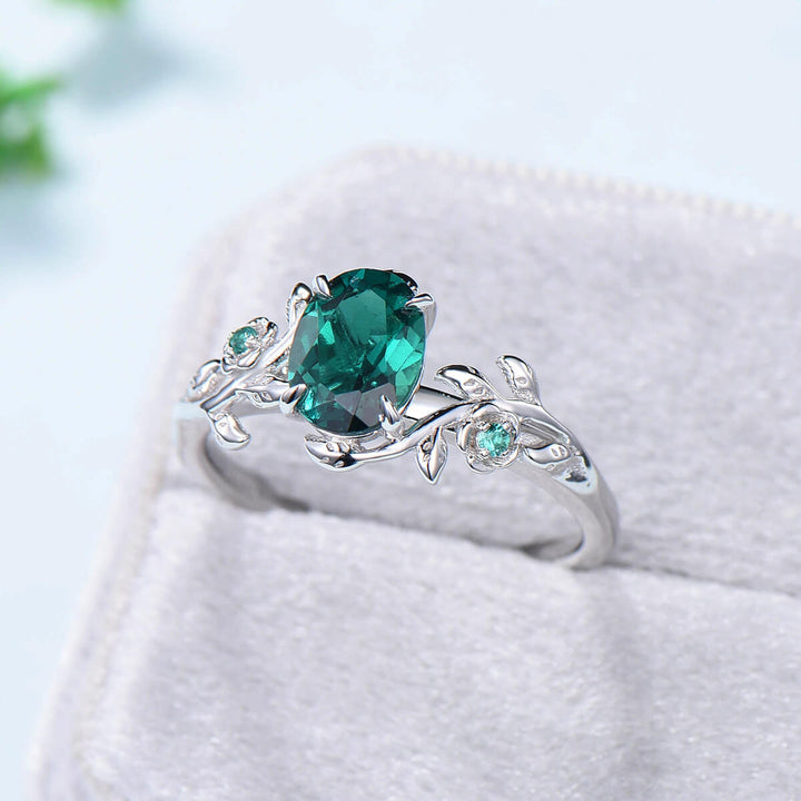 Nature inspired flower emerald engagement ring vintage floral branch emerald wedding ring unique twig leaves May birthstone anniversary ring - PENFINE