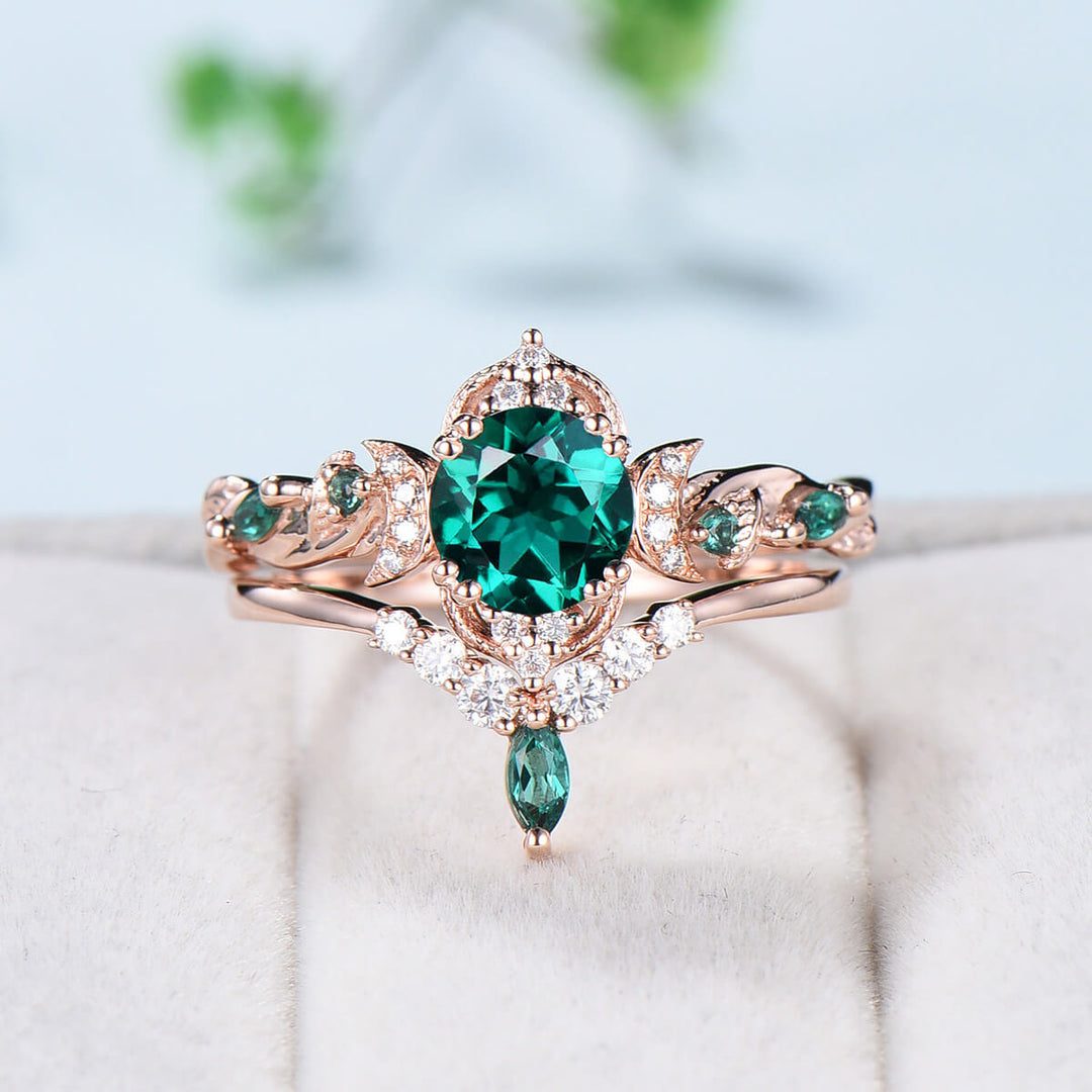 Vintage Emerald Engagement Ring Set Unique Leaves Nature Inspired Emerald Wedding Ring Set Art Deco Green Crystal Moissanite Bridal Ring Set - PENFINE