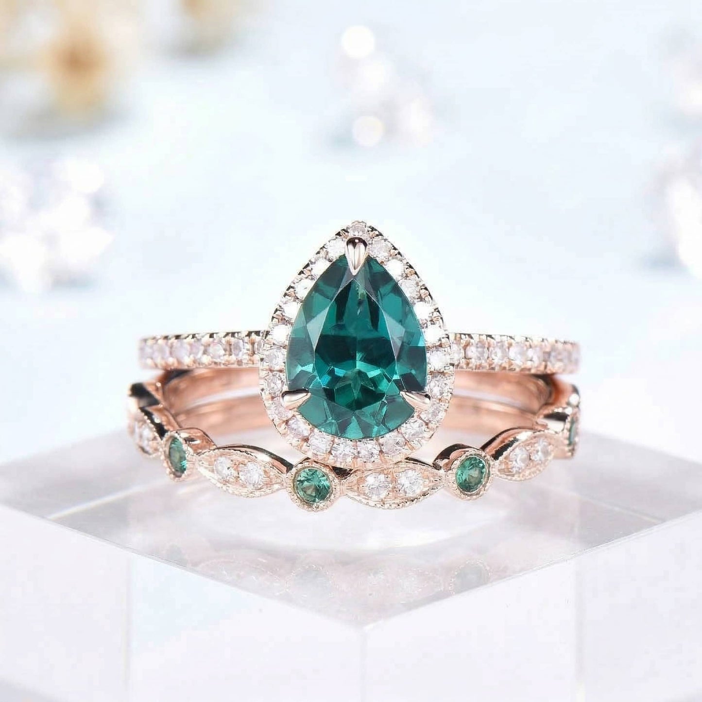Classic Pear Emerald Diamond Engagement Ring Set Emerald Band 3pcs - PENFINE