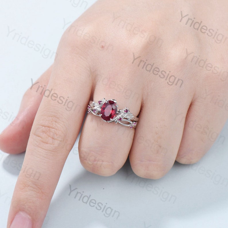 Vintage Twig Ruby Engagement Ring Set Natural Inspired cluster branch leaf ruby engagement ring women unique branch wedding ring set for her - PENFINE