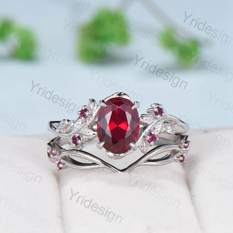 Vintage Twig Ruby Engagement Ring Set Natural Inspired cluster branch leaf ruby engagement ring women unique branch wedding ring set for her - PENFINE