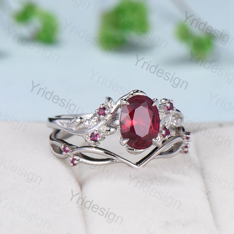 Vintage Twig Ruby Engagement Ring Set Natural Inspired cluster branch leaf ruby engagement ring women unique branch wedding ring set for her - PENFINE