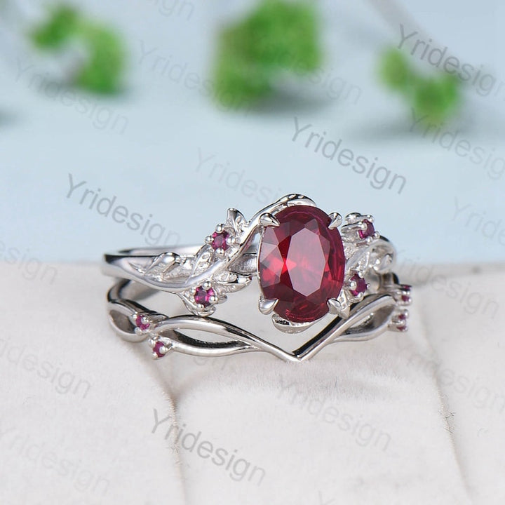 Vintage Twig Ruby Engagement Ring Set Natural Inspired cluster branch leaf ruby engagement ring women unique branch wedding ring set for her - PENFINE