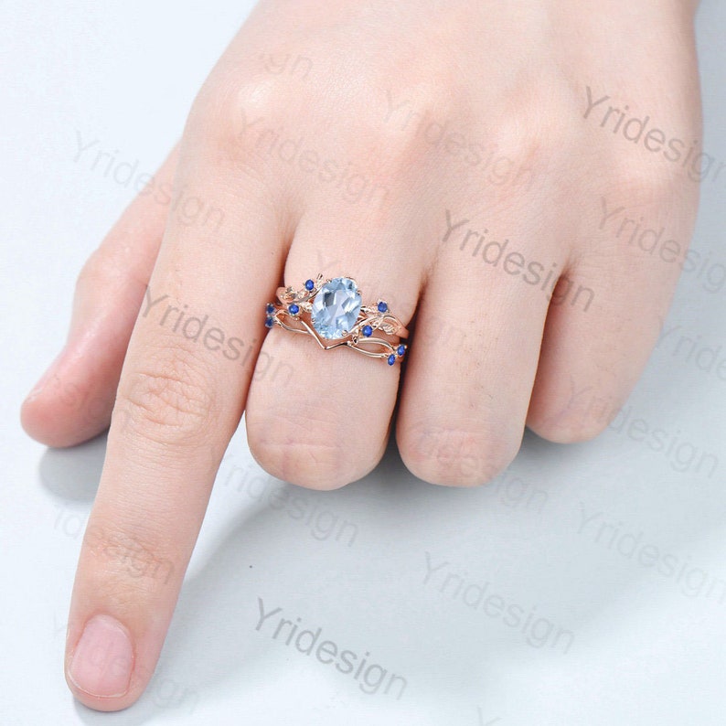 Vintage aquamarine engagement ring set Nature inspired wedding set Leaf twig rose gold bridal set for women Cluster Sapphire Branch ring - PENFINE