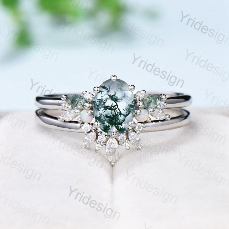 Custom order,2pcs Oval Moss Agate Engagement Ring Set - PENFINE