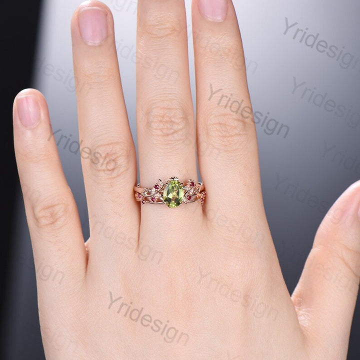 Vintage peridot and ruby wedding ring set Leaf twig engagement ring set Natural Inspired rose gold bridal set for women Branch promise ring - PENFINE
