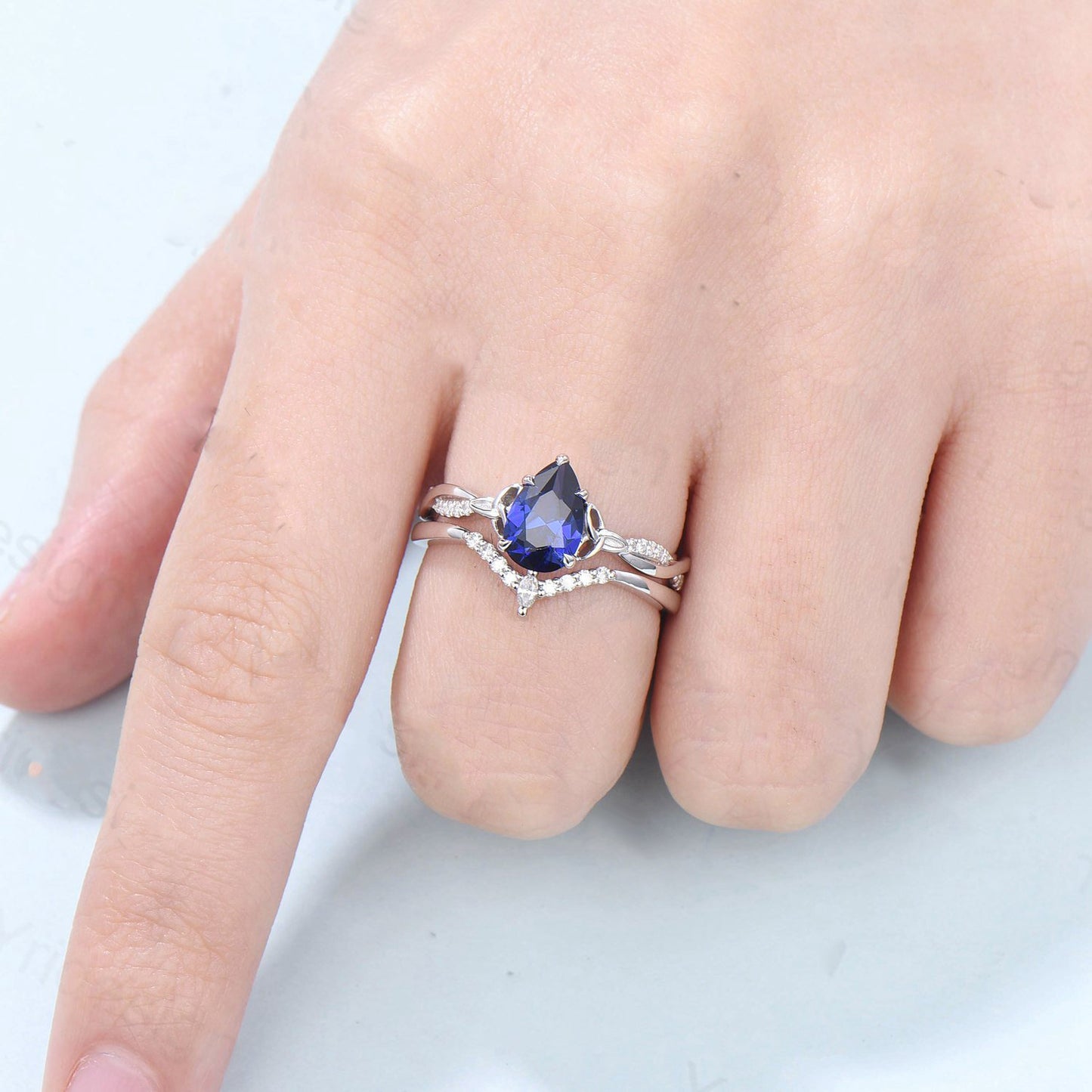 Vintage Sapphire Ring Bridal Set Norse Viking 6x9mm pear shaped sapphire engagement ring set Unique twisted infinity wedding set for women - PENFINE
