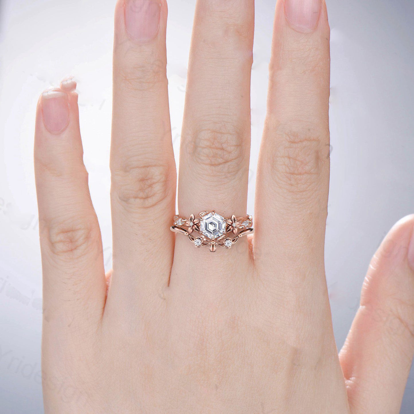 Flower moissanite engagement ring set Nature Inspired hexagon moissanite wedding ring for women vintage cluster leaf bridal ring set gift - PENFINE