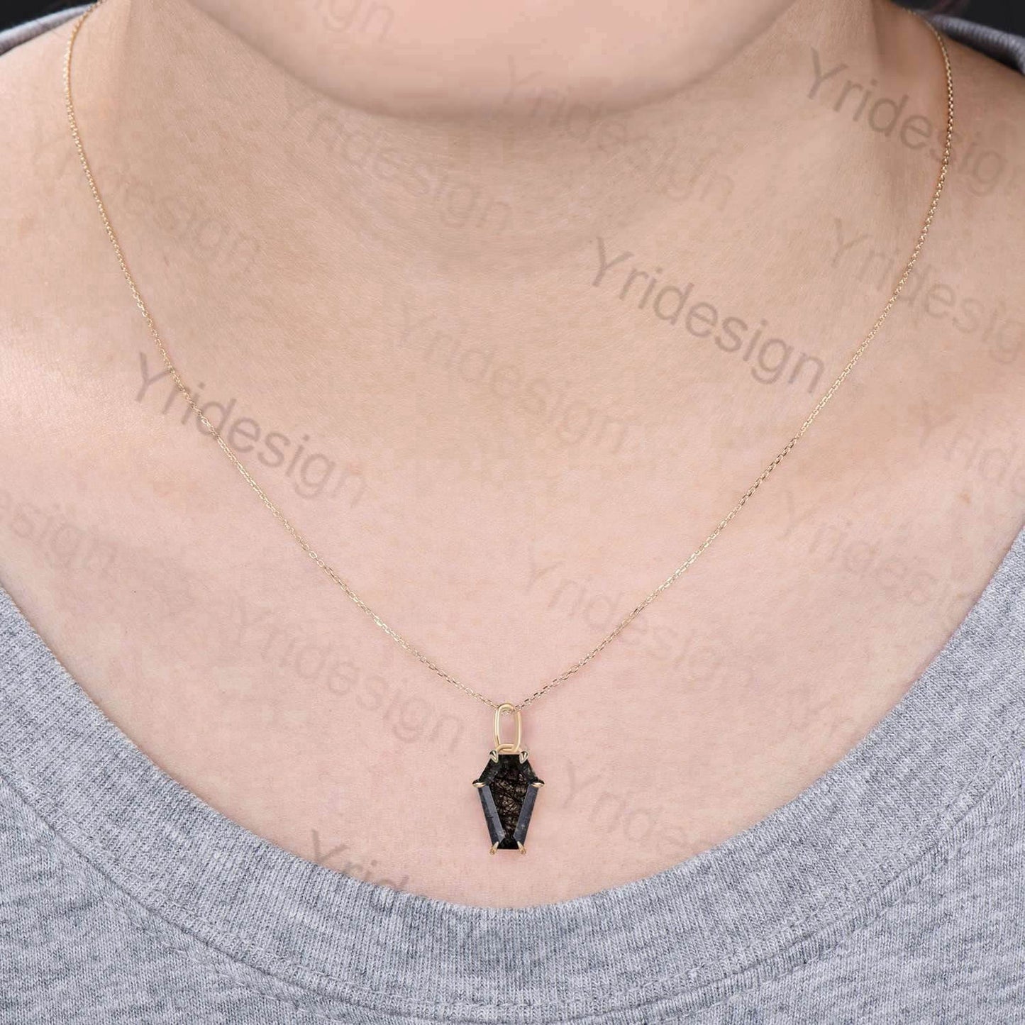 Coffin natural Minimalist Coffin Shaped Black Rutilated Quartz necklace solid 14k 18k rose gold vintage unique Personalized pendant women - PENFINE