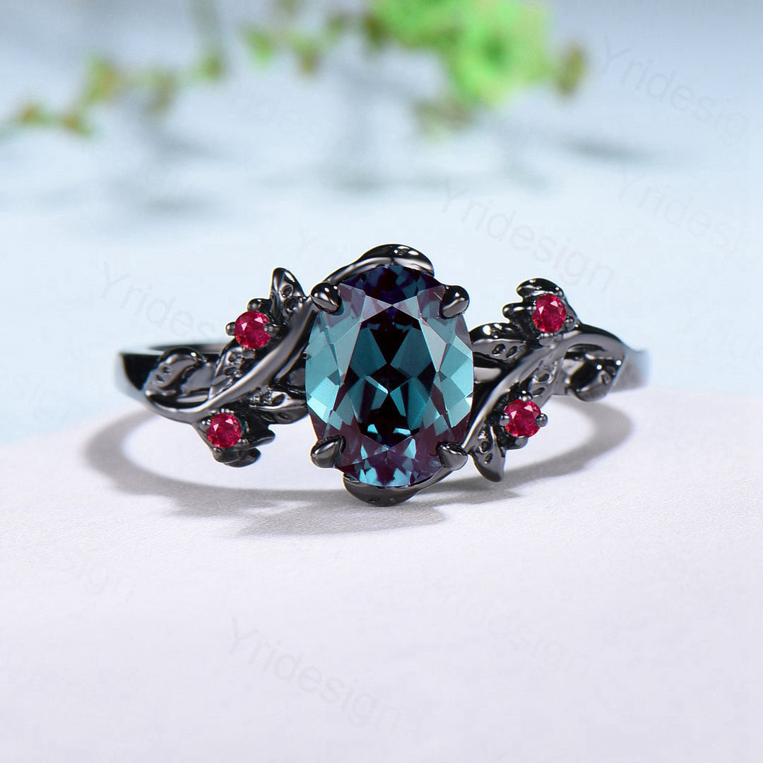 Nature Inspired alexandrite engagement ring Unique Black gold color changing twig engagement ring cluster emerald wedding ring for women - PENFINE
