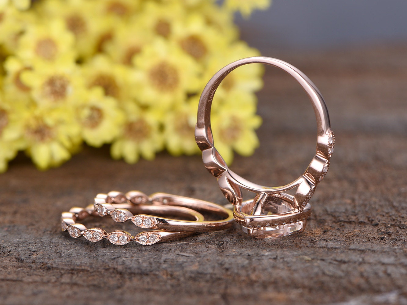 Heart Morganite Engagement Ring Set, Marquise Diamond Band, Rose Gold