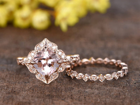 Cushion Morganite Engagement Ring Set, Rose Gold Diamond Wedding Band, Art Deco Bridal Jewelry