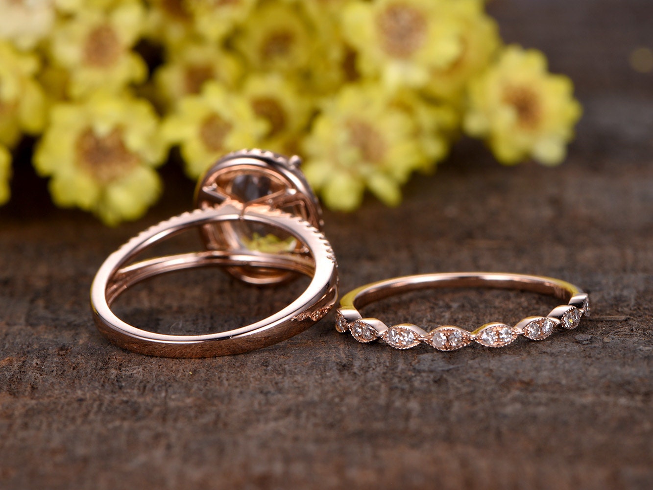 Split Shank Oval Morganite Engagement Ring Set, Marquise Diamond Band, 14k Rose Gold