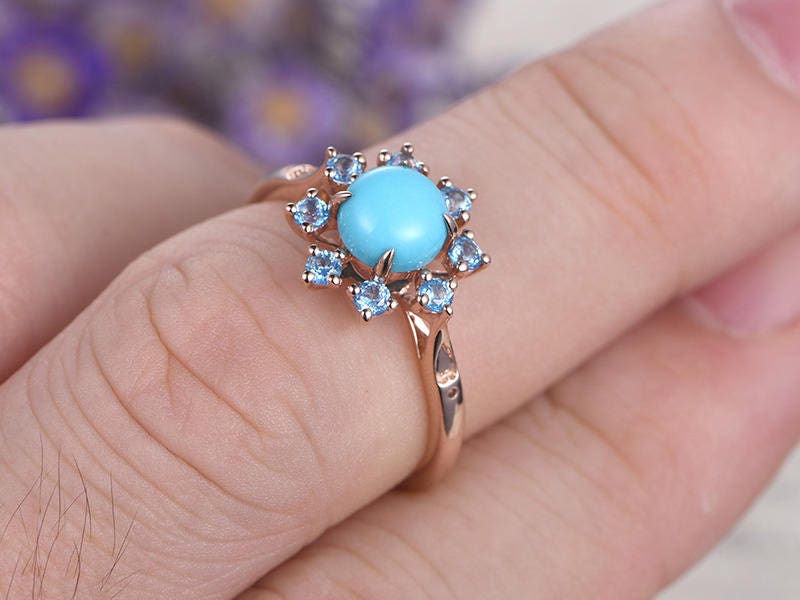 Floral Blue Round Cut Turquoise Engagement Ring, Swiss Blue Topaz Halo Wedding Ring, 14K Rose Gold Promise Ring, Handmade Anniversary Gift - PENFINE