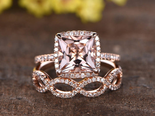 Princess Cut Morganite Engagement Ring Set, Diamond Infinity Band, 14K Rose Gold