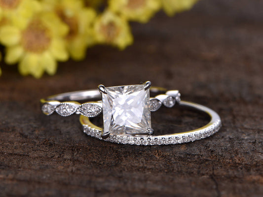 Princess Cut Moissanite Engagement Ring Set, Diamond Marquise Band, 14k White Gold