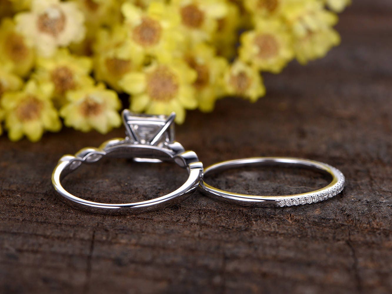 Princess Cut Moissanite Engagement Ring Set, Diamond Marquise Band, 14k White Gold