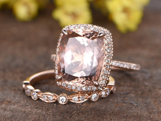 Morganite Engagement Ring Set: 14K Rose Gold, Halo Diamond