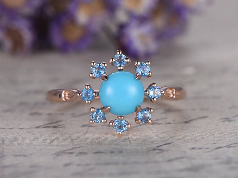 Floral Blue Round Cut Turquoise Engagement Ring,  Swiss Blue Topaz Halo Wedding Ring, 14K Rose Gold Promise Ring, Handmade Anniversary Gift - PENFINE