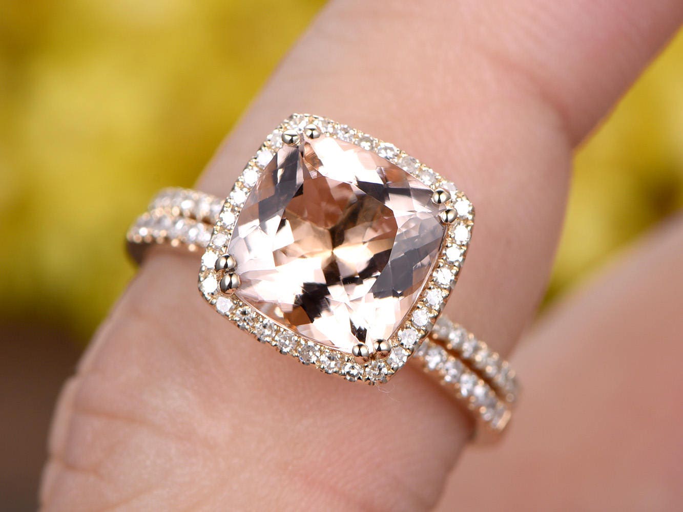 3ct Cushion Cut Morganite Engagement Ring Set: Diamond 14K White Gold Wedding Band