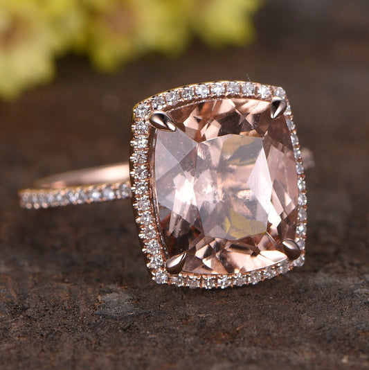 Cushion Cut Morganite Engagement Ring, Diamond Halo, White Gold Band