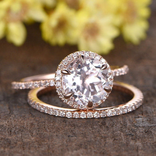 Morganite Engagement Ring Set, Diamond Rose Gold Wedding Band, Handmade