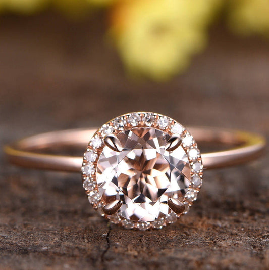 Morganite Engagement Ring, Rose Gold Diamond Halo, Anniversary Gift