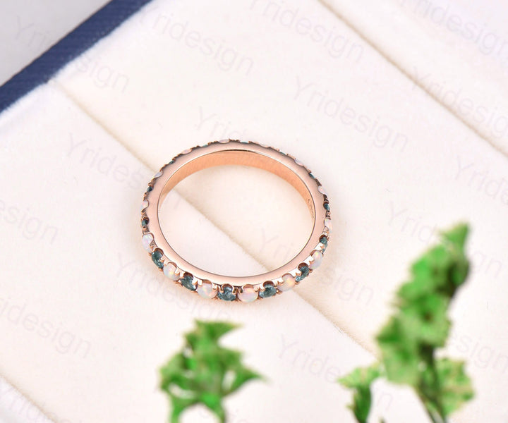 Vintage opal and alexandrite wedding band delicate silver rose gold opal alexandrite stacking band art deco anniversary promise gift - PENFINE