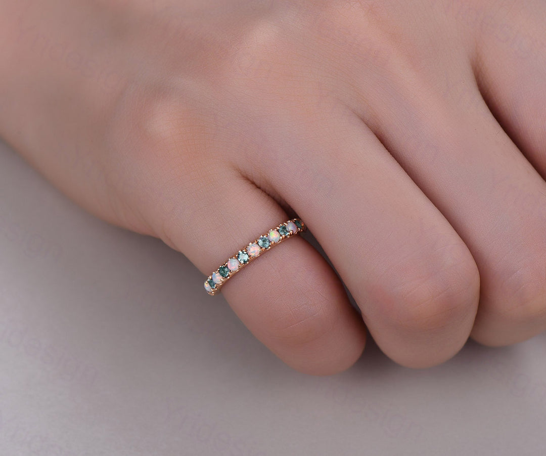 Vintage opal and alexandrite wedding band delicate silver rose gold opal alexandrite stacking band art deco anniversary promise gift - PENFINE