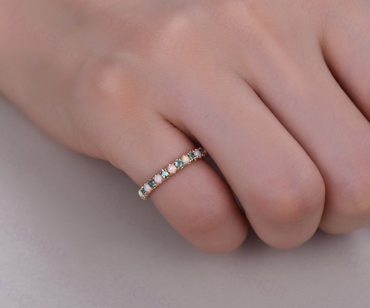 Vintage opal and alexandrite wedding band delicate silver rose gold opal alexandrite stacking band art deco anniversary promise gift - PENFINE