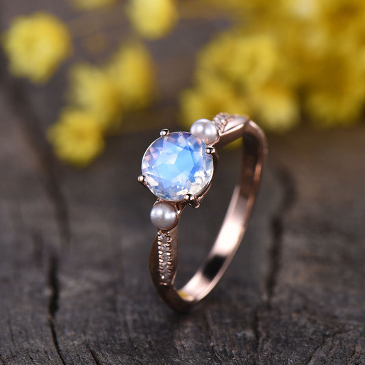 Moonstone Engagement Ring: Pearl Diamond, 14K Rose Gold Art Deco Bridal Ring
