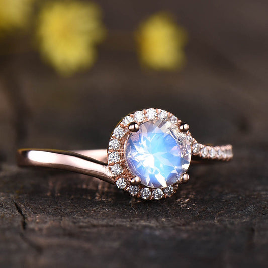 Rose Gold Moonstone Engagement Ring, Diamond Halo, Unique Promise Ring