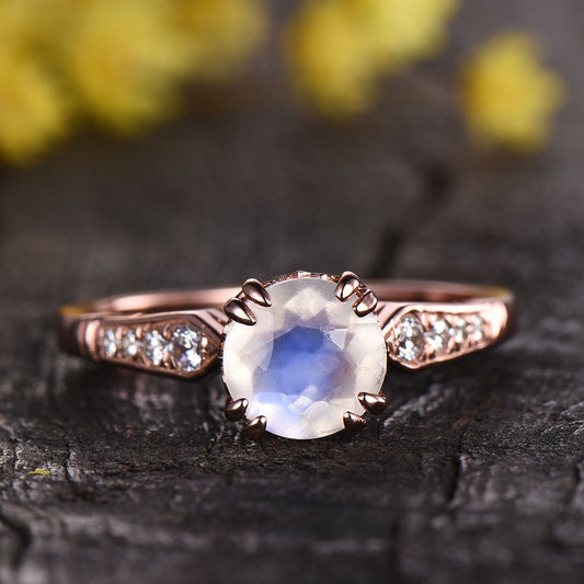 Moonstone Engagement Ring, Art Deco Diamond Band, 8-prong Set