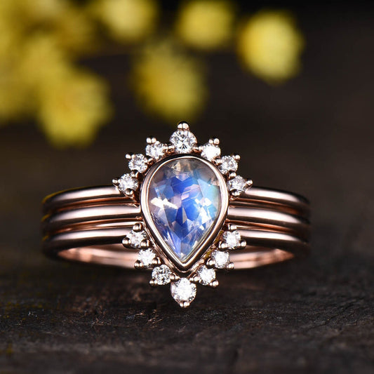 Pear Moonstone Engagement Ring Set, Vintage Diamond Bridal Set, 14K Rose Gold