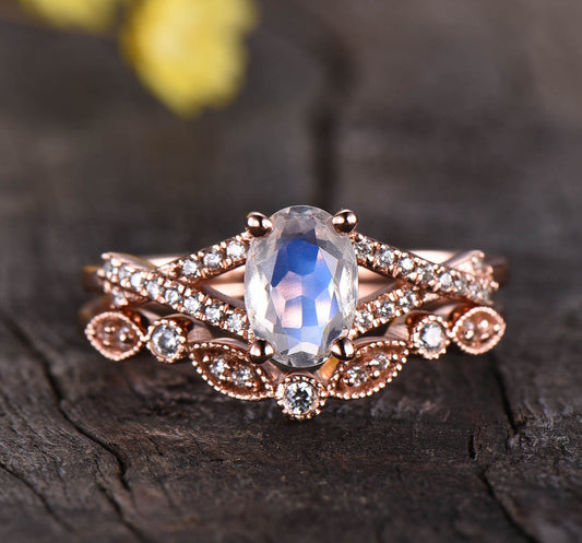 Oval Moonstone Engagement Ring Set: Vintage Art Deco Silver Bridal Set