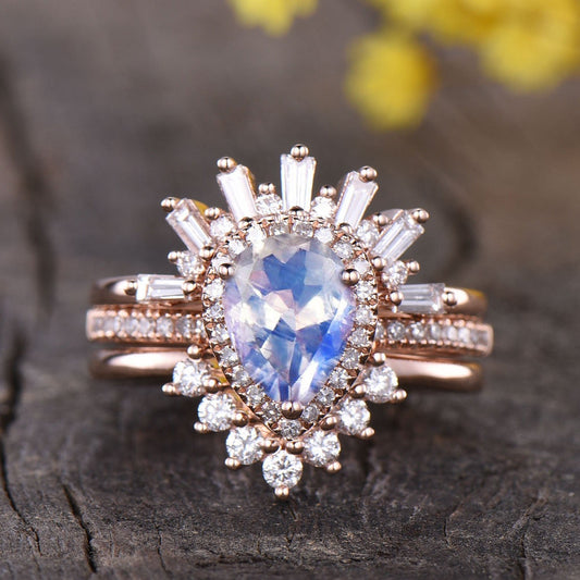 Art Deco Moonstone Engagement Ring Set, Rose Gold Antique Style