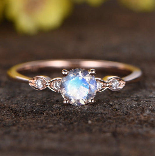 Rainbow Moonstone Ring, Art Deco 14K Rose Gold, Diamond Solitaire