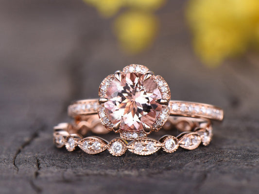 Vintage Art Deco Morganite Bridal Ring Set, Rose Gold Flower Engagement Ring