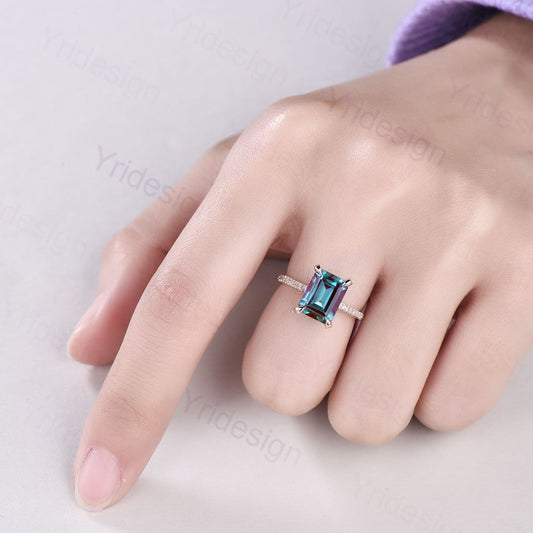 Rose Gold Emerald Cut Alexandrite Engagement Ring, Diamond Accents - PENFINE
