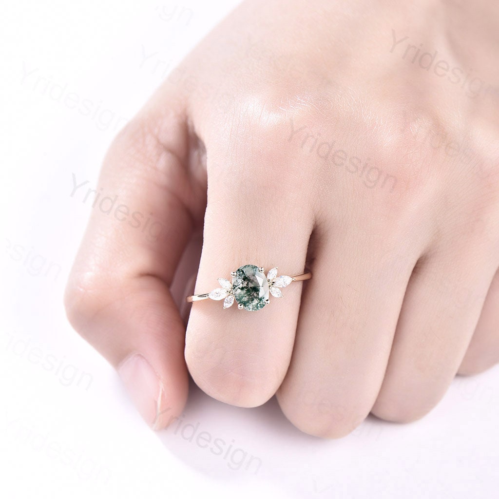 1.5CT Oval Natural Moss Agate Engagement Ring Cluster Diamond Green Agate Wedding Ring Art Deco Vintage Retro Green Crystal Anniversary Ring - PENFINE