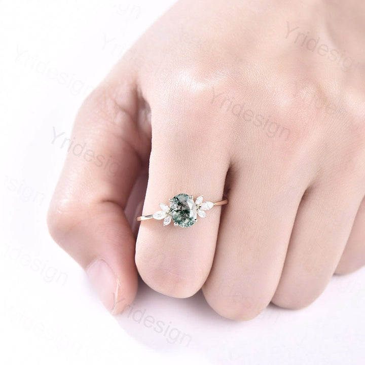 1.5CT Oval Natural Moss Agate Engagement Ring Cluster Diamond Green Agate Wedding Ring Art Deco Vintage Retro Green Crystal Anniversary Ring - PENFINE