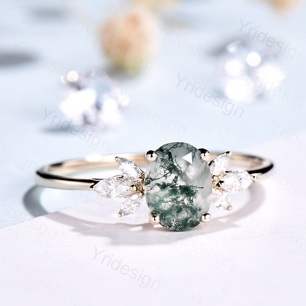 1.5CT Oval Natural Moss Agate Engagement Ring Cluster Diamond Green Agate Wedding Ring Art Deco Vintage Retro Green Crystal Anniversary Ring - PENFINE