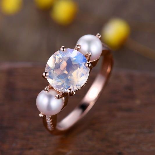 Vintage Art Deco Moonstone Pearl Ring, Rose Gold Promise Ring