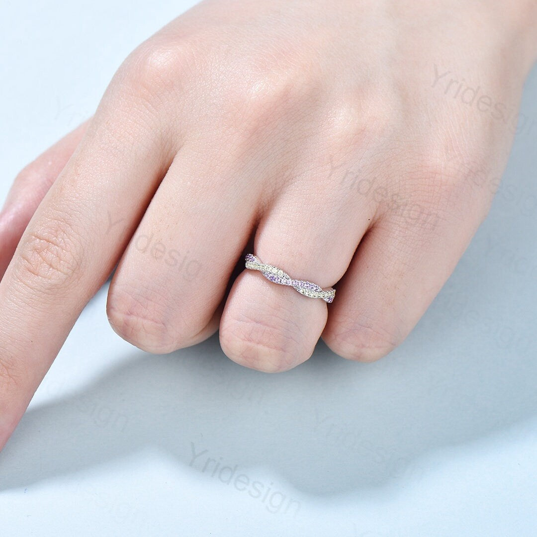 Natural amethyst peridot wedding ring infinity wedding band women half eternity stacking ring white gold Bridal Ring Anniversary Gift - PENFINE