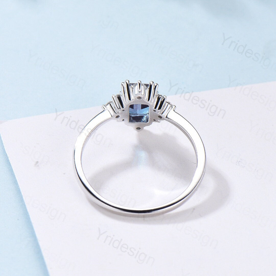 Elegant Emerald Cut Alexandrite Engagement Ring 14K White Gold Unique Vintage Alexandrite Moissanite Wedding Ring For Women June Birthstone - PENFINE