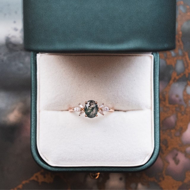 1.5CT Oval Natural Moss Agate Engagement Ring Cluster Diamond Green Agate Wedding Ring Art Deco Vintage Retro Green Crystal Anniversary Ring - PENFINE