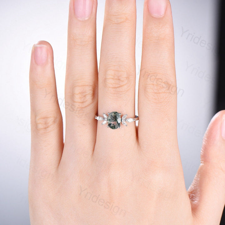 1.5CT Oval Natural Moss Agate Engagement Ring Cluster Diamond Green Agate Wedding Ring Art Deco Vintage Retro Green Crystal Anniversary Ring - PENFINE