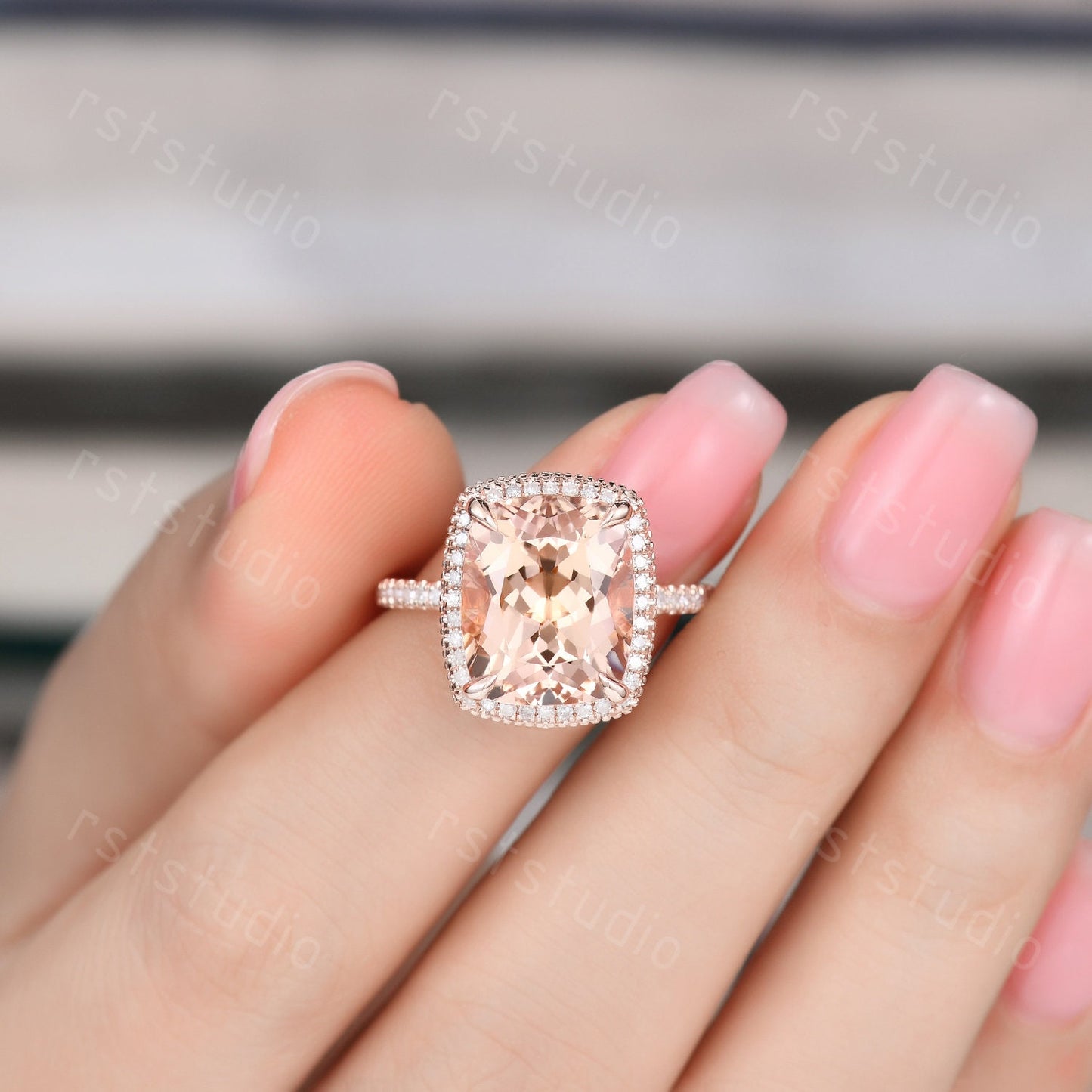 Cushion Cut Morganite Engagement Ring, Diamond Halo, White Gold Band